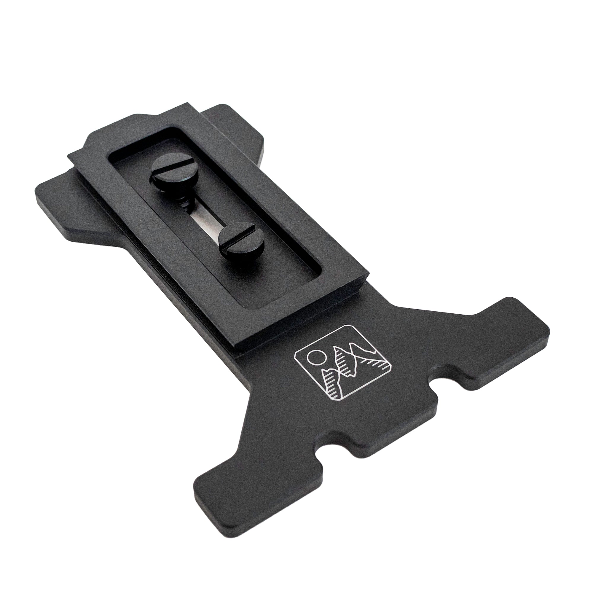 A black Intrepid Arca Tripod Plate made of aluminium with a 1/4-20 screw and a 3/8-16 screw, designed to hold and secure cameras on an Arca style tripod head.